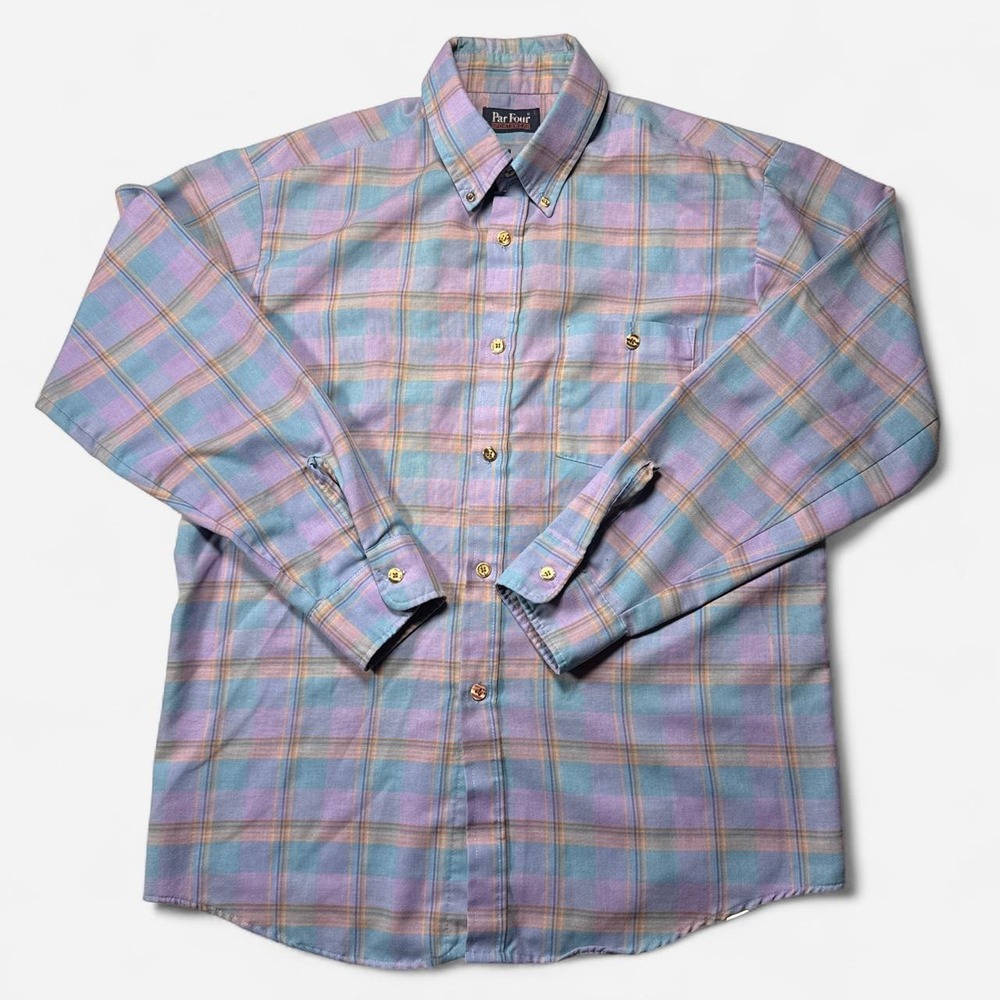 Vintage 90s Par Four blue, purple & orange plaid button-up shirt, size L